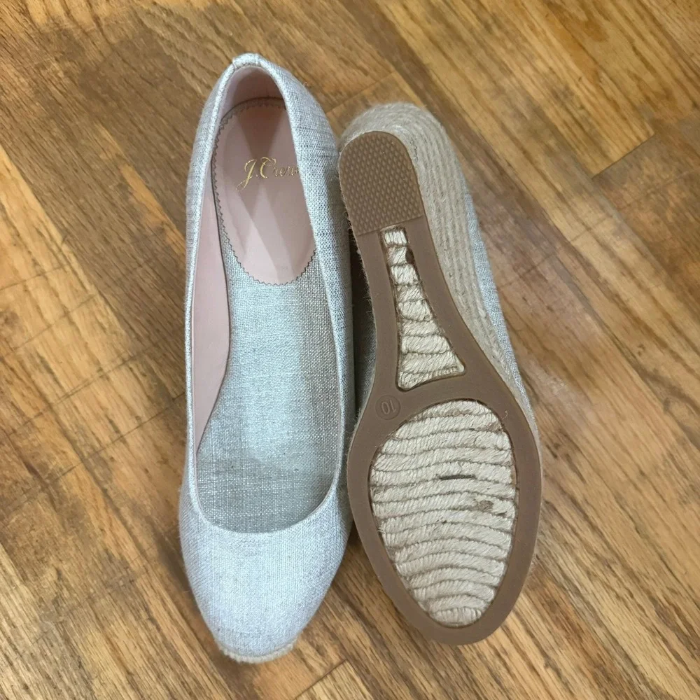 J. Crew Seville Espadrille Wedge Heels Linen Flax Canvas Beige Slip On Size 10